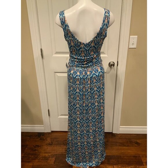 Vanessa Virginia Blue White Orange Geometric Long Maxi Dress Size Medium Petite - Picture 5 of 7